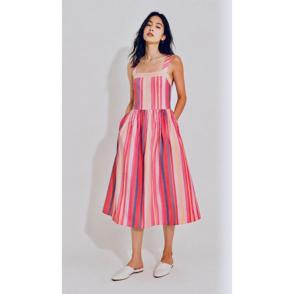 Free People‎ Strawberry Combo Striped Cotton Midi Dress Rose Pink Blue S New
